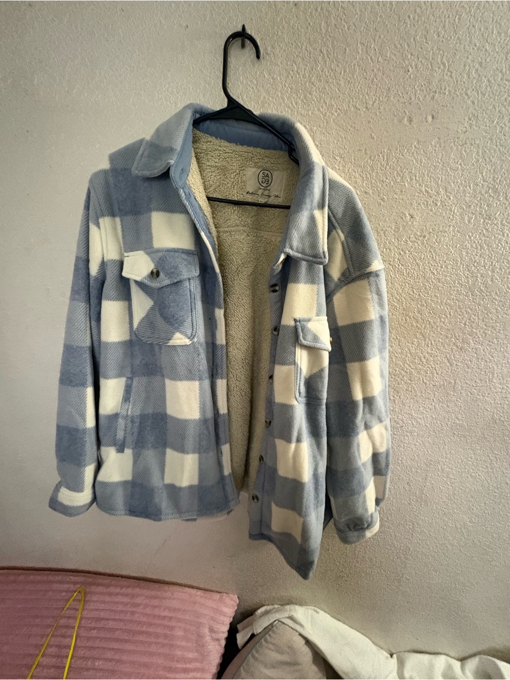 Checked Sherpa-Lined Shacket Jacket - Light Blue & Cream